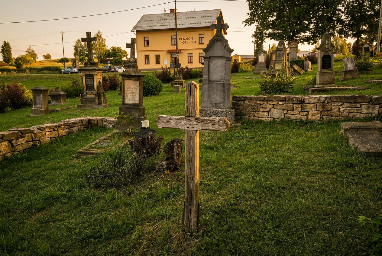 Starý hřbitov a Penzion Orlicko pod kostelem v Nebeské Rybné
